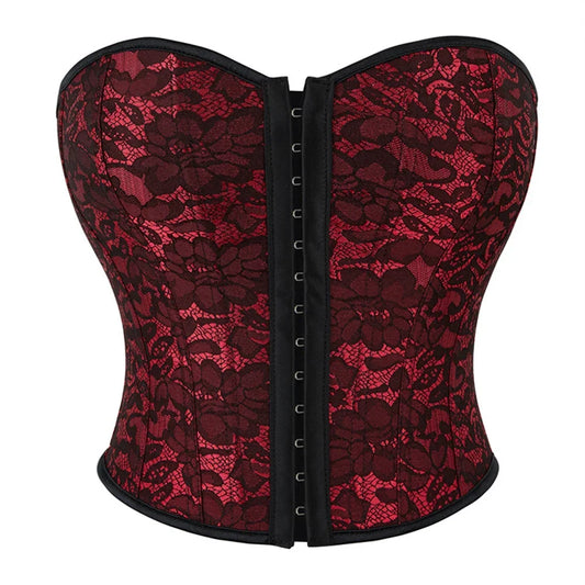 Women Overbust Corset Lace Flower Wine Red Sexy Lingerie Slimming Shaper Gothic Bustiers Crop Tops