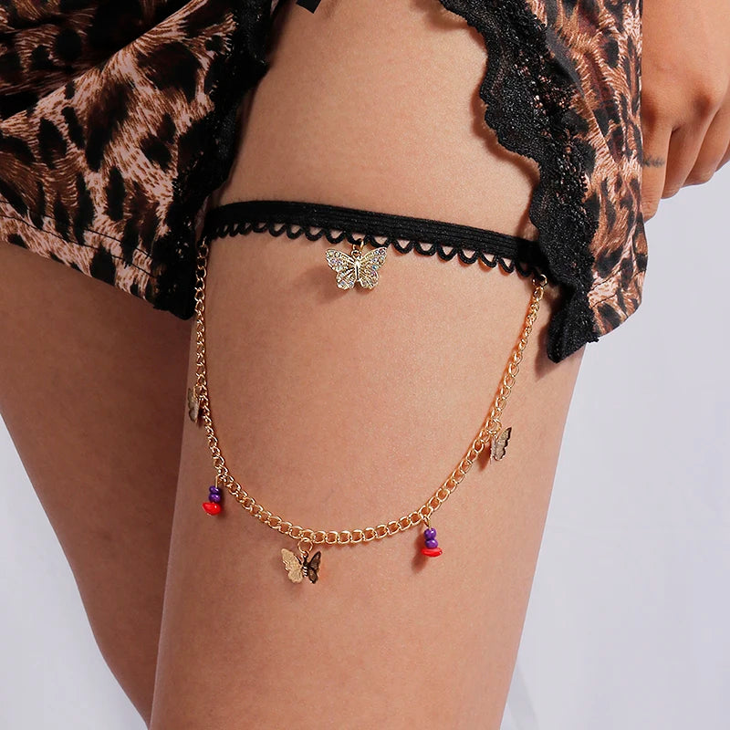 Aihua Trendy Female Red Rose Flower Pendant Leg Chain For Women Body Jewelry Gold Color Multilayer Lingerie Thigh Chain