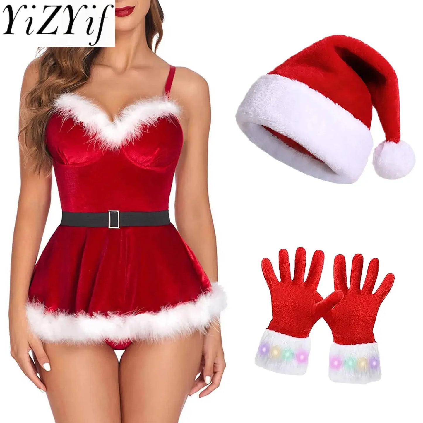 Sexy Christmas Lingerie For Womens Santa Babydoll Chemise Red Costume Adjustable Straps Dress with 4PCS Briefs Belt Hat Gloves