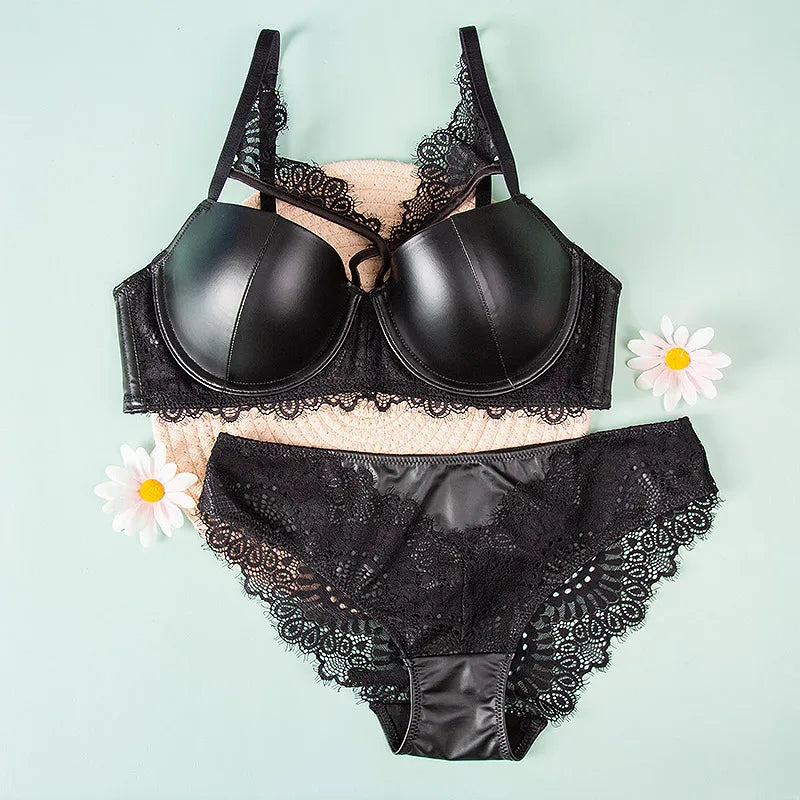 Red Pu leather bra underpants sexy hollow large size underwire glossy lingerie set upper thin lower thick bralette briefs set