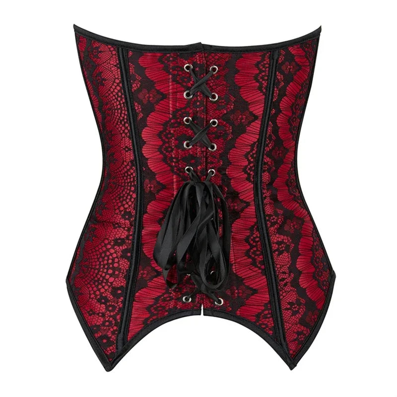 Women Sexy Deep Red Satin Lace Flower Decoration Overbust Corset Retro Body Shaper Lingerie Bustier Tops
