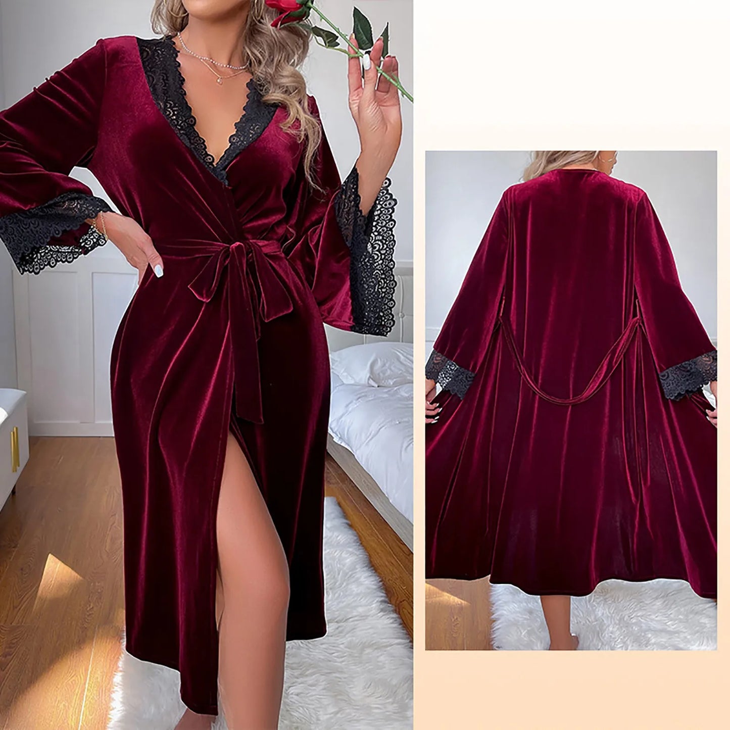 Women Sexy Lace V-Neck Bathrobe Nightdress With Belt Black White Red Long Sleeve Pajamas Robes Lingerie Sleepwear Nightgowns