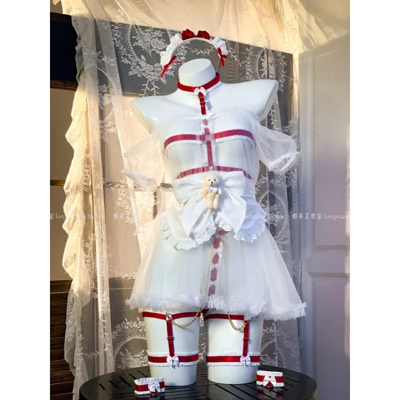 Strawberry maid cosplay costume women sexy red black lingerie pink maid dress babydoll sexy lingerie tie mesh dress