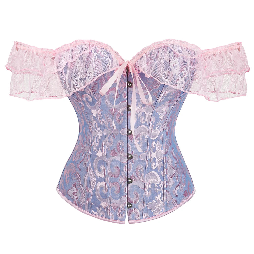 Overbust Corset Green Pink Blue Beige Red Black Women Lace Short Sleeves Chest Binder Bustier Top Lingerie Gorset