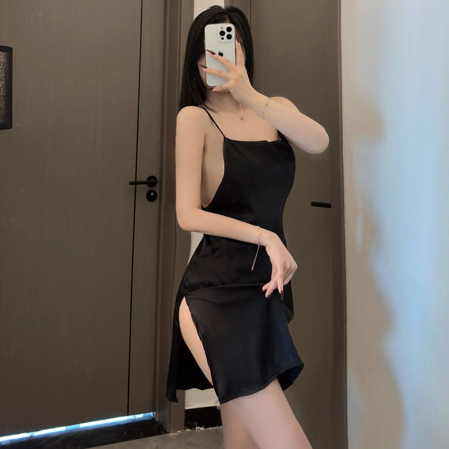 Tiktok sexy lingerie sexy suspender pyjamas silk slip pile collar pajamas dress elegant Solid color versatile Appear thin JGQ4