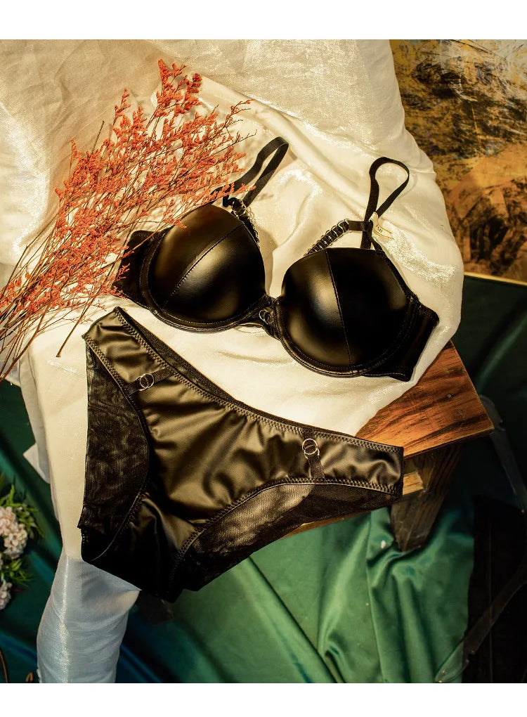 Red Pu leather bra underpants sexy hollow large size underwire glossy lingerie set upper thin lower thick bralette briefs set