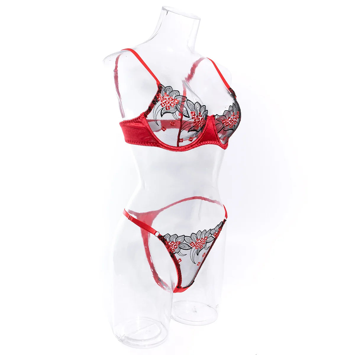 Sexy Red Floral Embroidered Exotic Apparel Suit Women's Perspective Soft  Bra Panty Set Single Layer Ultra-Thin Intimates