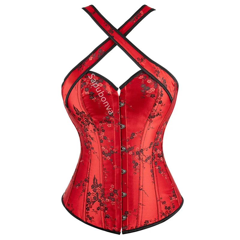 Corset Top Bustier Strap Embroidery Flower Plus Size Overbust Corselet Burlesque Sexy Lingerie Women Red Black DropShipping
