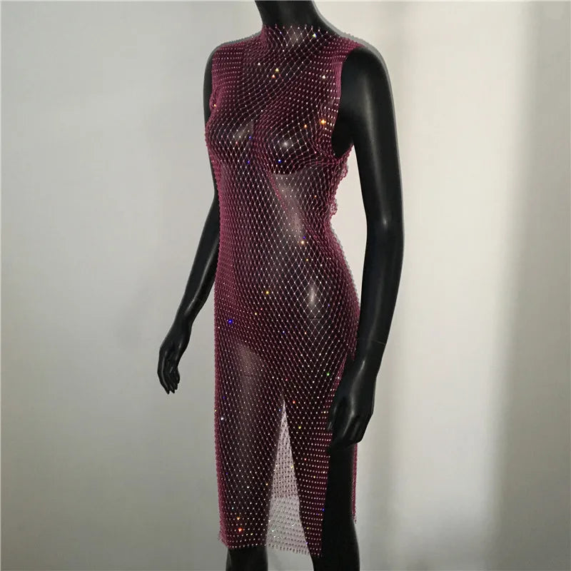 Shiny Diamonds Mesh Hollow Out Dress Rhinestone Sleeveless Fishnet Bodycon Dress Women Rave Party Dress Nightclub Outwear