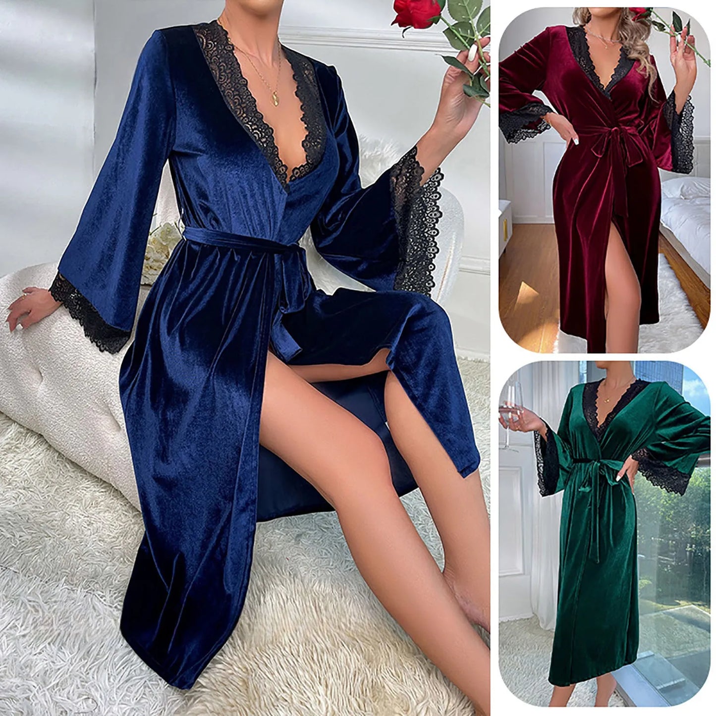 Women Sexy Lace V-Neck Bathrobe Nightdress With Belt Black White Red Long Sleeve Pajamas Robes Lingerie Sleepwear Nightgowns