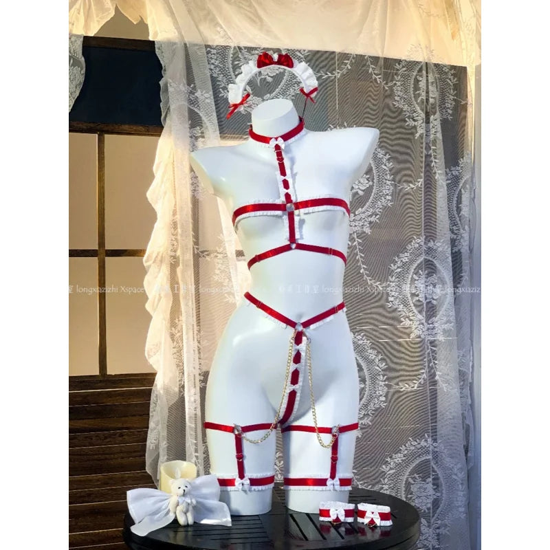 Strawberry maid cosplay costume women sexy red black lingerie pink maid dress babydoll sexy lingerie tie mesh dress