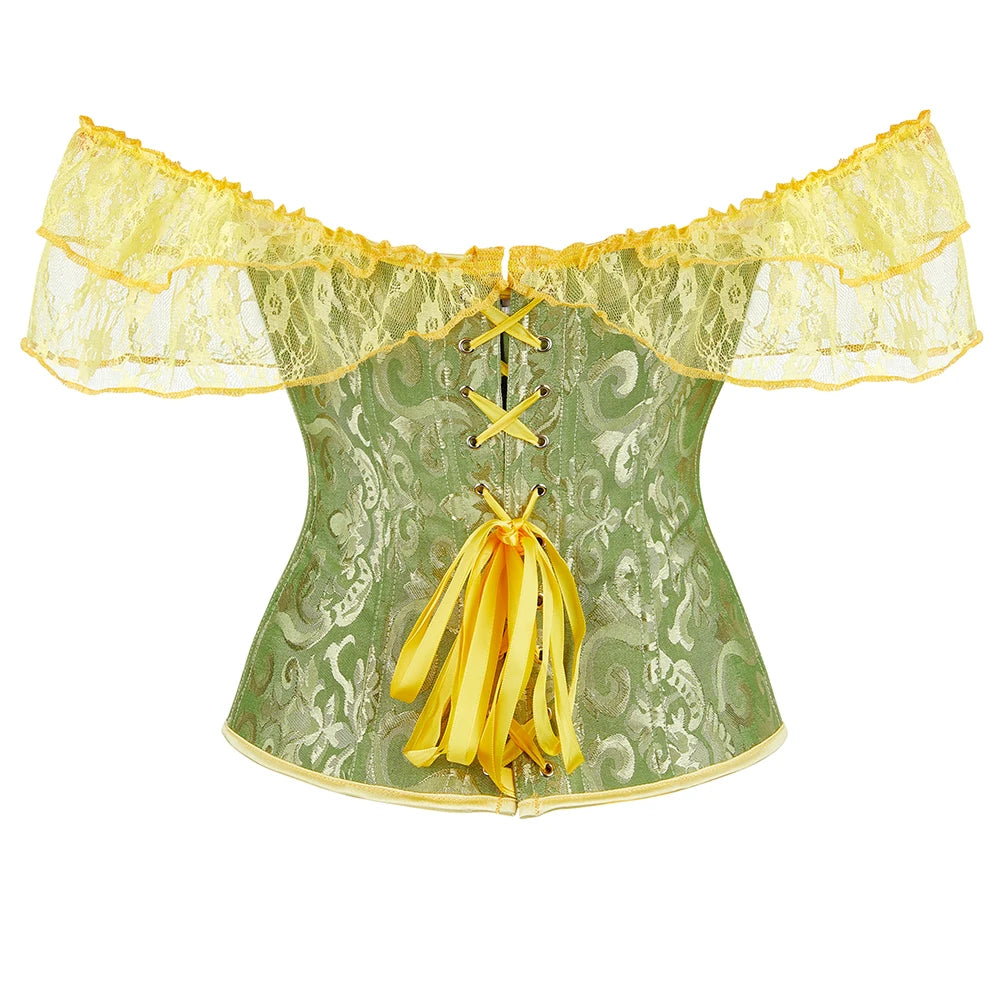 Overbust Corset Green Pink Blue Beige Red Black Women Lace Short Sleeves Chest Binder Bustier Top Lingerie Gorset