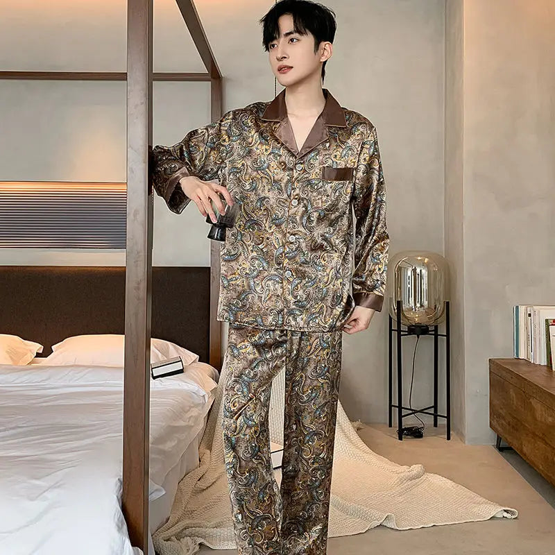 Spring and Autumn Men's Pajamas New Korean Version Long Sleeve Thin Ice Silk Summer Youth Home Wear Silk Set Large Size Comfort
