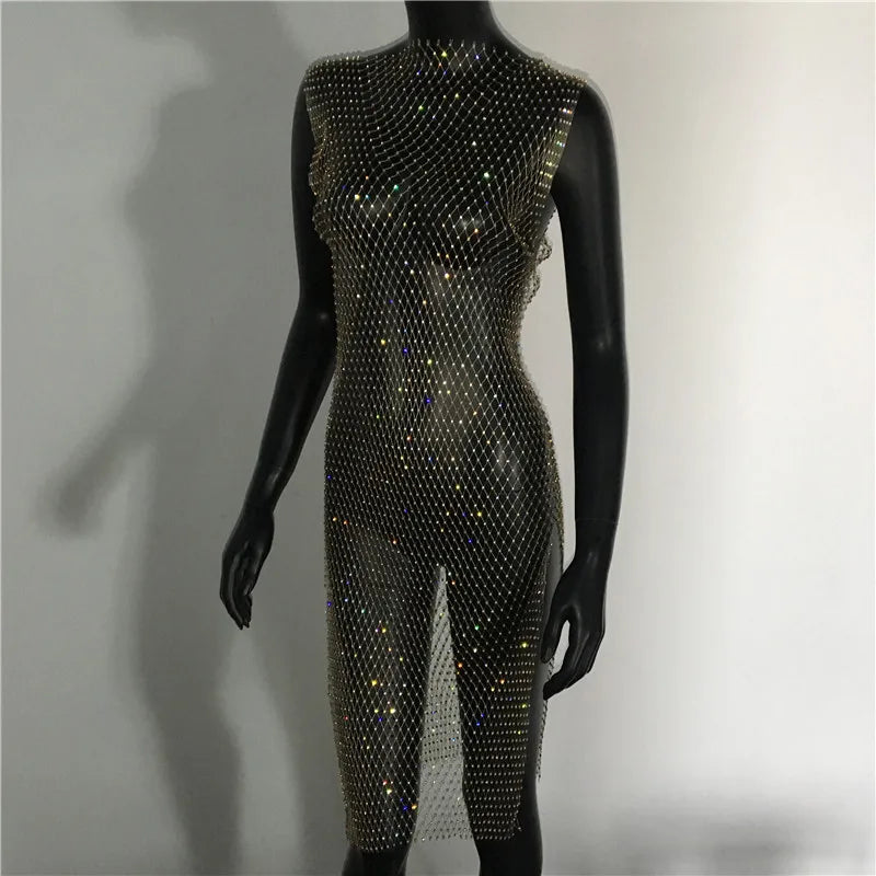 Shiny Diamonds Mesh Hollow Out Dress Rhinestone Sleeveless Fishnet Bodycon Dress Women Rave Party Dress Nightclub Outwear