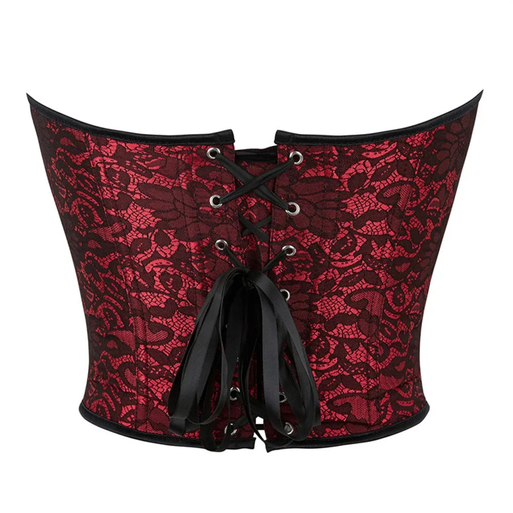 Women Overbust Corset Lace Flower Wine Red Sexy Lingerie Slimming Shaper Gothic Bustiers Crop Tops