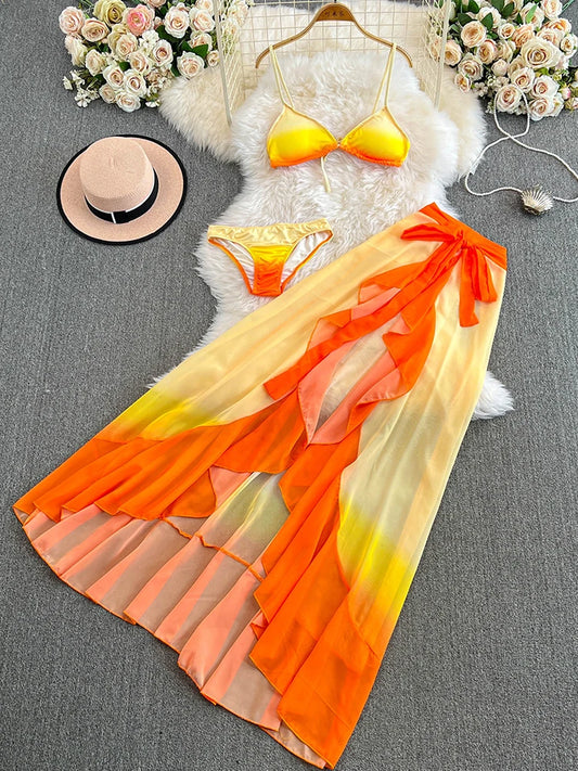 Foamlina Seaside Tourism Sunset Orange Bikini Set Vacation Tied Vest Top Briefs and Gradient Chiffon Long Skirt  Three Piece Set
