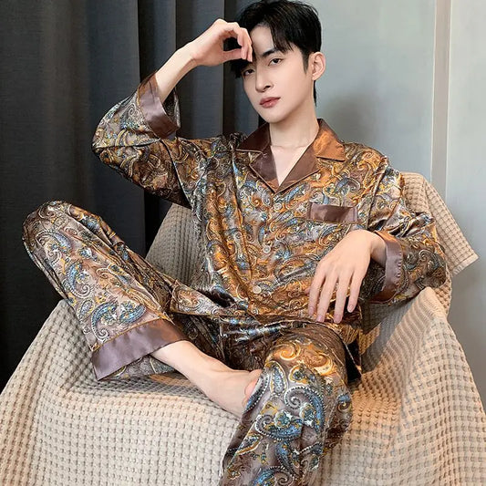 Spring and Autumn Men's Pajamas New Korean Version Long Sleeve Thin Ice Silk Summer Youth Home Wear Silk Set Large Size Comfort
