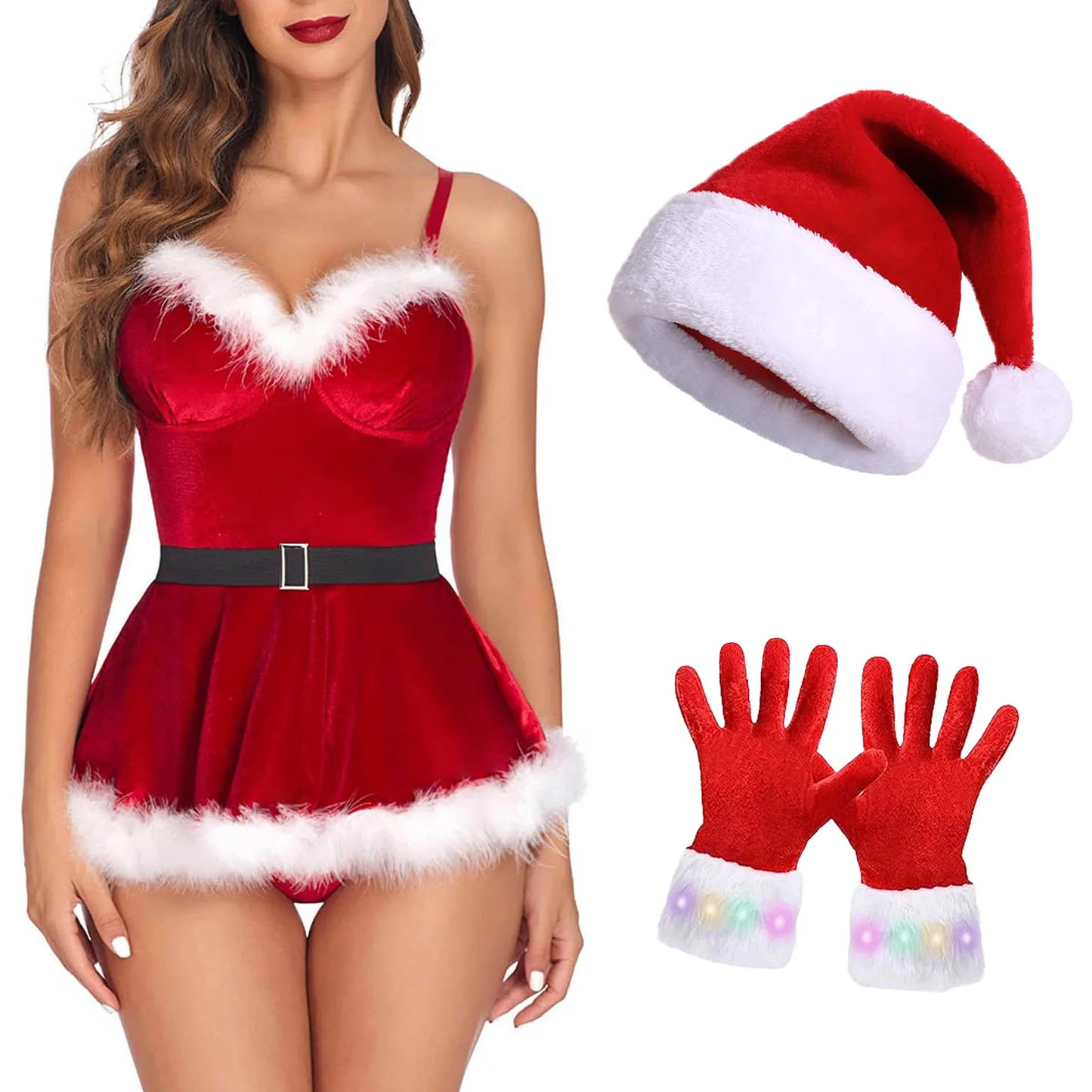 Sexy Christmas Lingerie For Womens Santa Babydoll Chemise Red Costume Adjustable Straps Dress with 4PCS Briefs Belt Hat Gloves