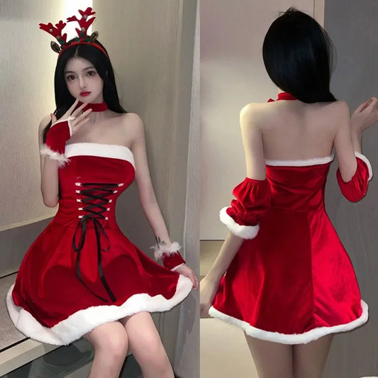 Christmas costumes Lolita maid red dress women soft velvet bunny lingerie Xmas red Santa Claus cosplay party outfits