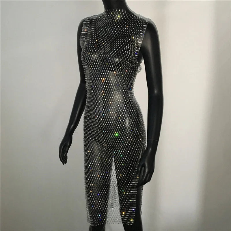 Shiny Diamonds Mesh Hollow Out Dress Rhinestone Sleeveless Fishnet Bodycon Dress Women Rave Party Dress Nightclub Outwear