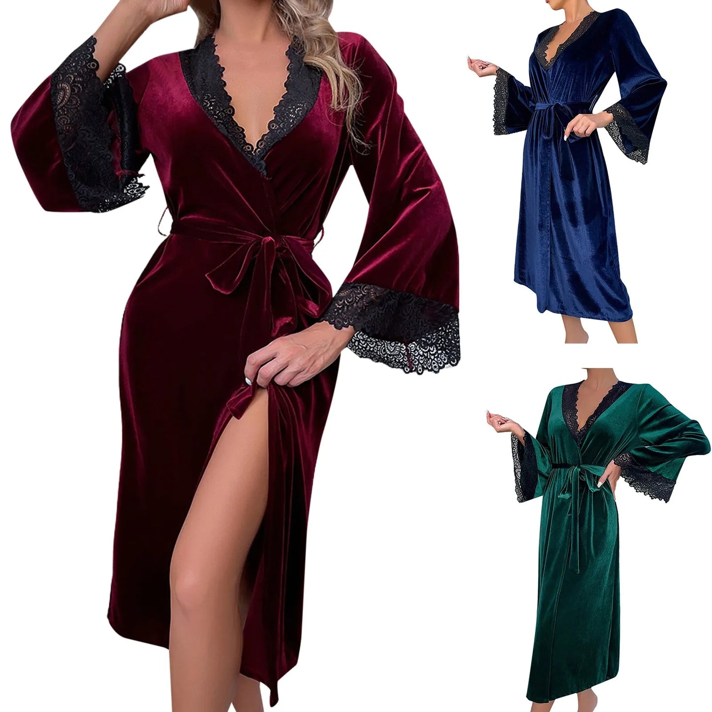 Women Sexy Lace V-Neck Bathrobe Nightdress With Belt Black White Red Long Sleeve Pajamas Robes Lingerie Sleepwear Nightgowns
