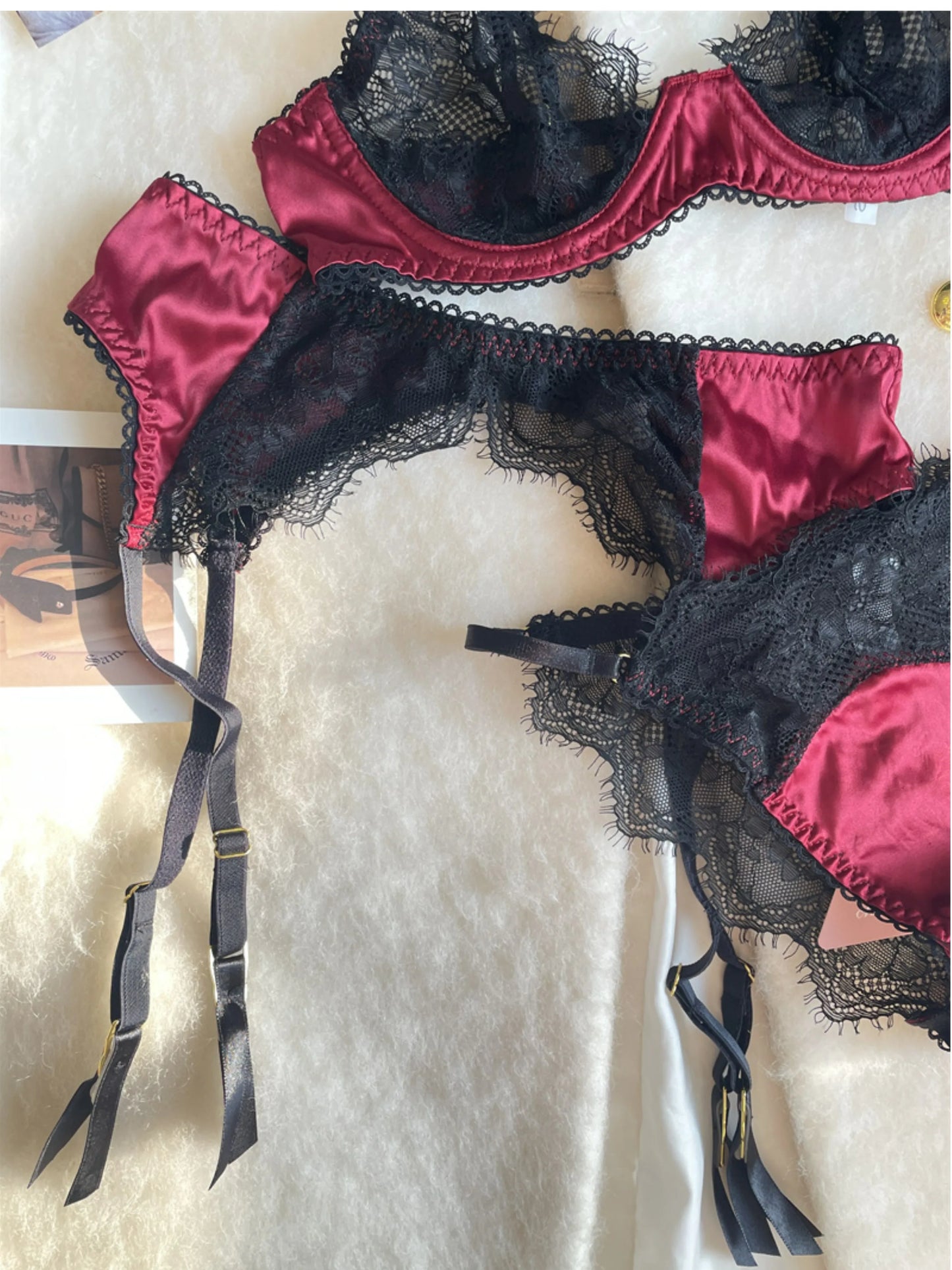 Sexy lace small breasts couple fun lingerie waistband panties three-piece set of red satin steel ring gathered bra