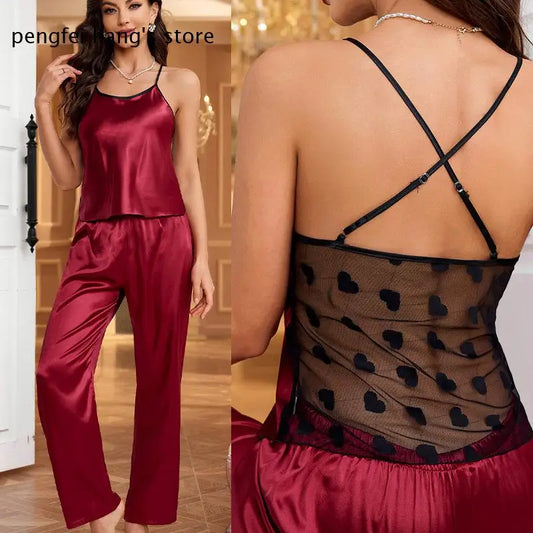 Red Lace Patchwork Nightwear Sexy Sling Top&pants Loose 2Pcs Lingerie Ice Silk Home Clothes Women's Loungewear Satin Sleepwear