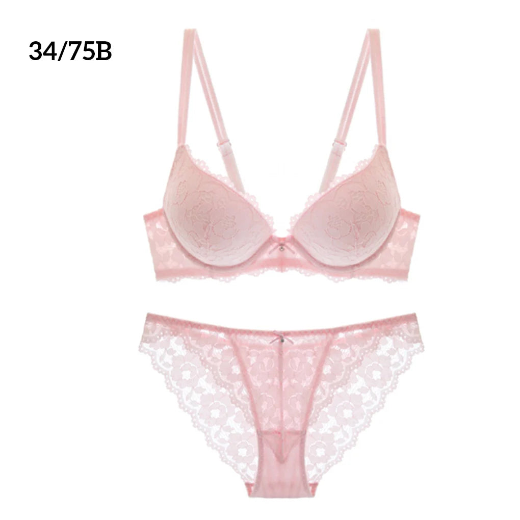 Lace Bra Panties Set Push up Adjustable Girls Underwear Hollow Breathable Lingerie, Wine Red, 32/70B