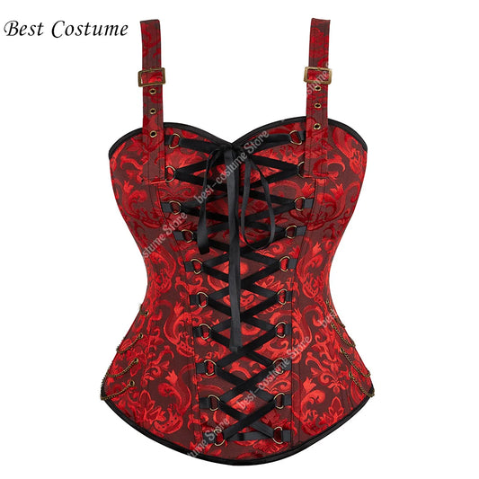 Corset With Straps Red Corset Bustier Tops  Plus Size Gothic Corset Zipper Black Brown Steampunk Costume Women Lingerie