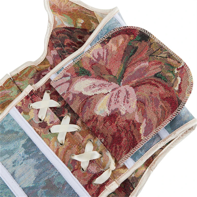 Sexy Women Corset Crop Tops Gothic Deep Red Printed Halter Backless Bustier Retro Body Shaper Lingerie Overbust Bustiers