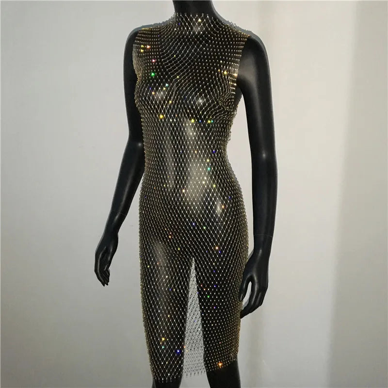 Shiny Diamonds Mesh Hollow Out Dress Rhinestone Sleeveless Fishnet Bodycon Dress Women Rave Party Dress Nightclub Outwear