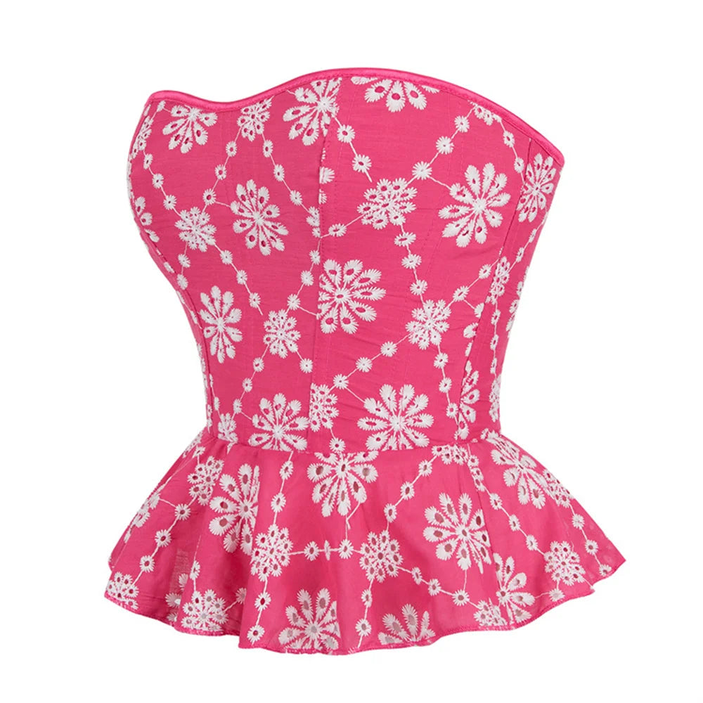 Sexy Rose Red With Satin Skirt Hem Decorated Retro Corset Tops Women Lingerie Body Shaper Overbust Bustiers