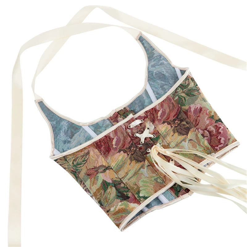 Sexy Women Corset Crop Tops Gothic Deep Red Printed Halter Backless Bustier Retro Body Shaper Lingerie Overbust Bustiers