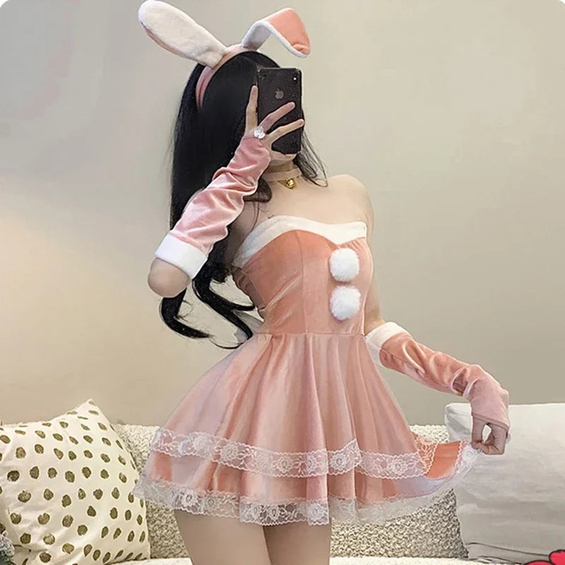 Christmas red woman dress sweet bunny girl costume rabbit woman set bunny suit sexy lingeries Lady cosplay New Year maid uniform