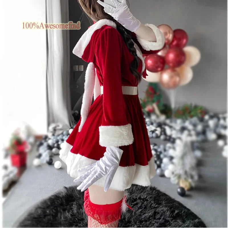 2024 Women Christmas Xmas Lady Santa Claus cosplay costume sexy lingerie winter long sleeve red dress maid bunny girl uniform