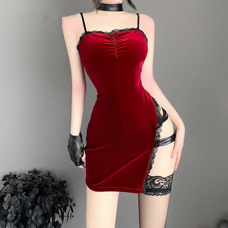 Sexy Lingerie Movie Heroine Secret Service Spy Dress Hollow out Cheongsam Uniform Halloween Women Red Outfits Cosplay Costume