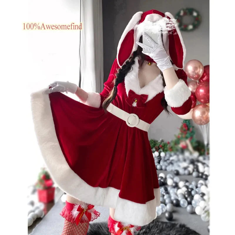 2024 Women Christmas Xmas Lady Santa Claus cosplay costume sexy lingerie winter long sleeve red dress maid bunny girl uniform