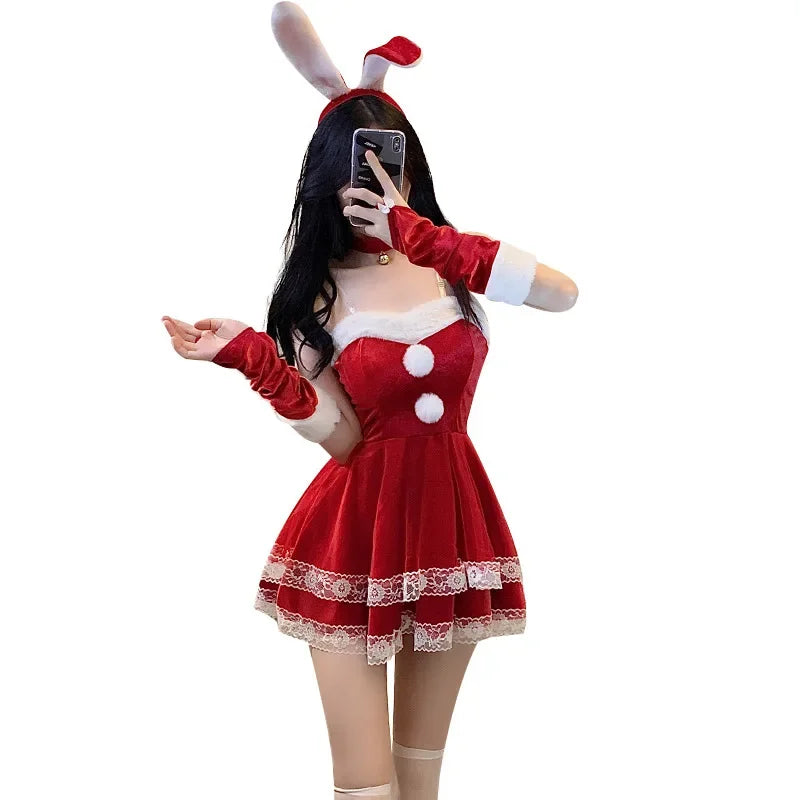 Christmas red woman dress sweet bunny girl costume rabbit woman set bunny suit sexy lingeries Lady cosplay New Year maid uniform