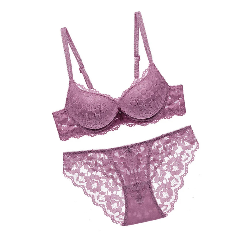 Lace Bra Panties Set Push up Adjustable Girls Underwear Hollow Breathable Lingerie, Wine Red, 32/70B
