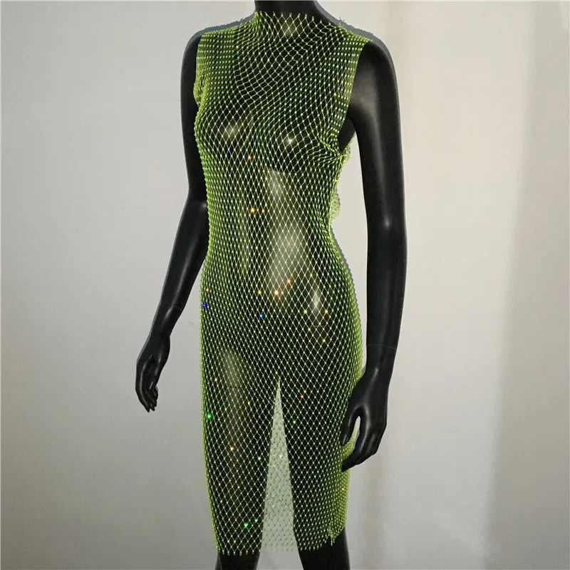 Shiny Diamonds Mesh Hollow Out Dress Rhinestone Sleeveless Fishnet Bodycon Dress Women Rave Party Dress Nightclub Outwear