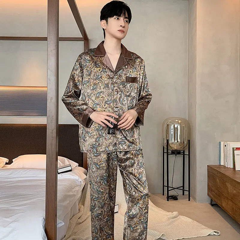Spring and Autumn Men's Pajamas New Korean Version Long Sleeve Thin Ice Silk Summer Youth Home Wear Silk Set Large Size Comfort