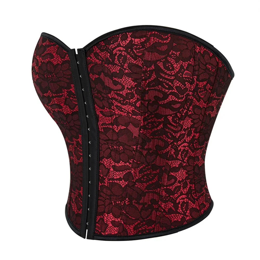 Women Overbust Corset Lace Flower Wine Red Sexy Lingerie Slimming Shaper Gothic Bustiers Crop Tops