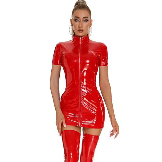 Hot Erotic Sexy Red Lingerie Women Clubwear PVC Leather Zipper Front Short Sleeve Party Dress Sexy Role Play Nightclub New