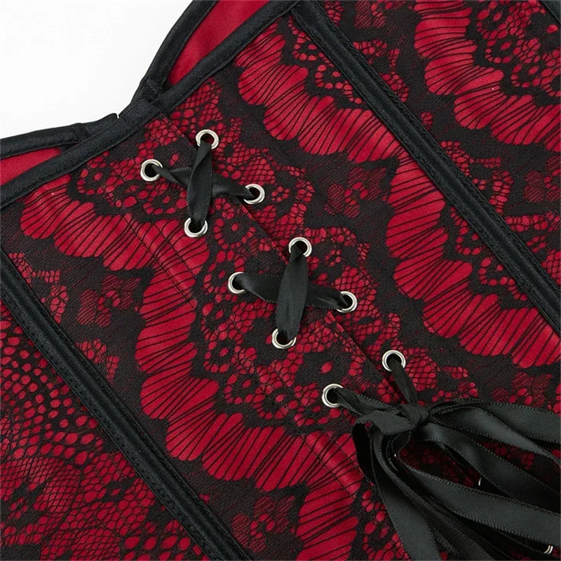 Women Sexy Deep Red Satin Lace Flower Decoration Overbust Corset Retro Body Shaper Lingerie Bustier Tops