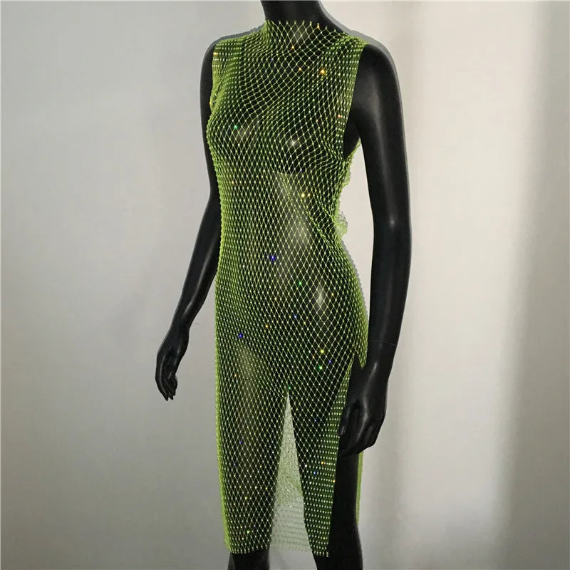 Shiny Diamonds Mesh Hollow Out Dress Rhinestone Sleeveless Fishnet Bodycon Dress Women Rave Party Dress Nightclub Outwear