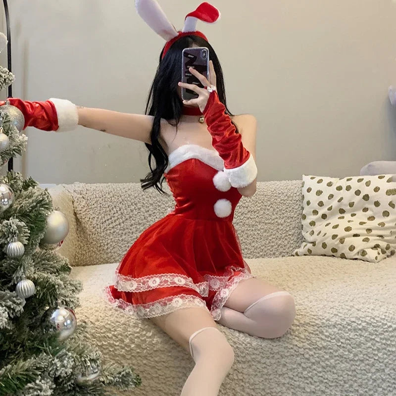 Christmas red woman dress sweet bunny girl costume rabbit woman set bunny suit sexy lingeries Lady cosplay New Year maid uniform