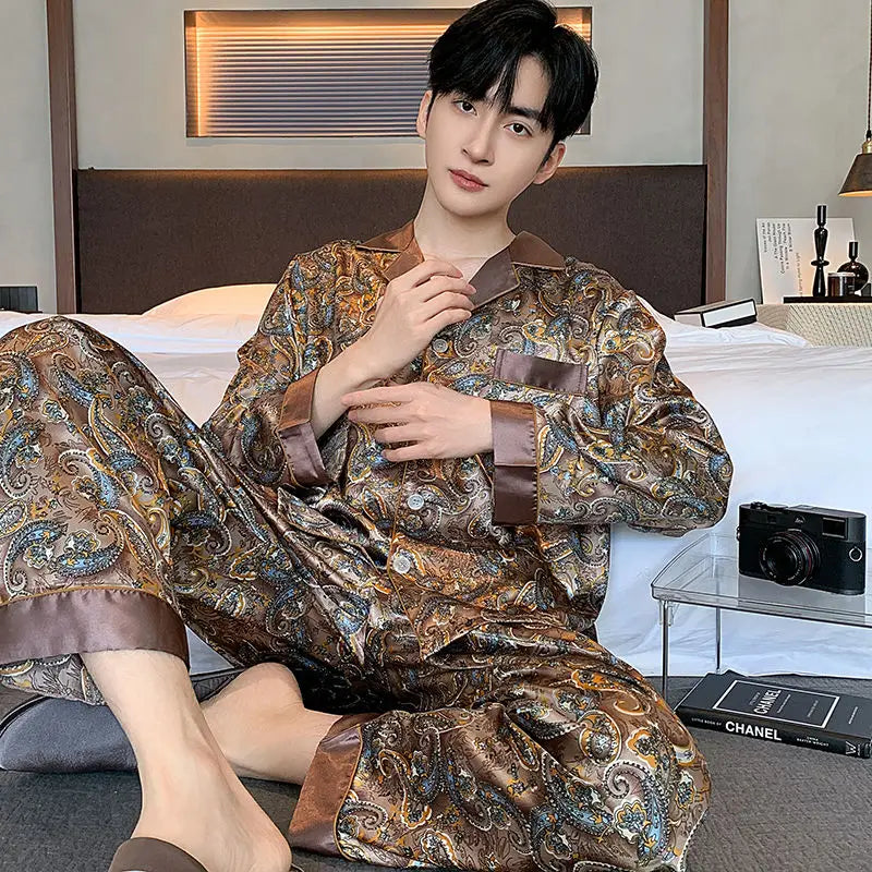 Spring and Autumn Men's Pajamas New Korean Version Long Sleeve Thin Ice Silk Summer Youth Home Wear Silk Set Large Size Comfort