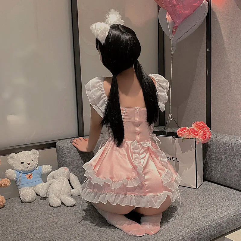 Japanese Av Live Show Sexy Lingerie Seductive Red Maid Sexy Cute Anime Cosplay Set Lolita Dress Lovely Sleepwear Bed Temptation