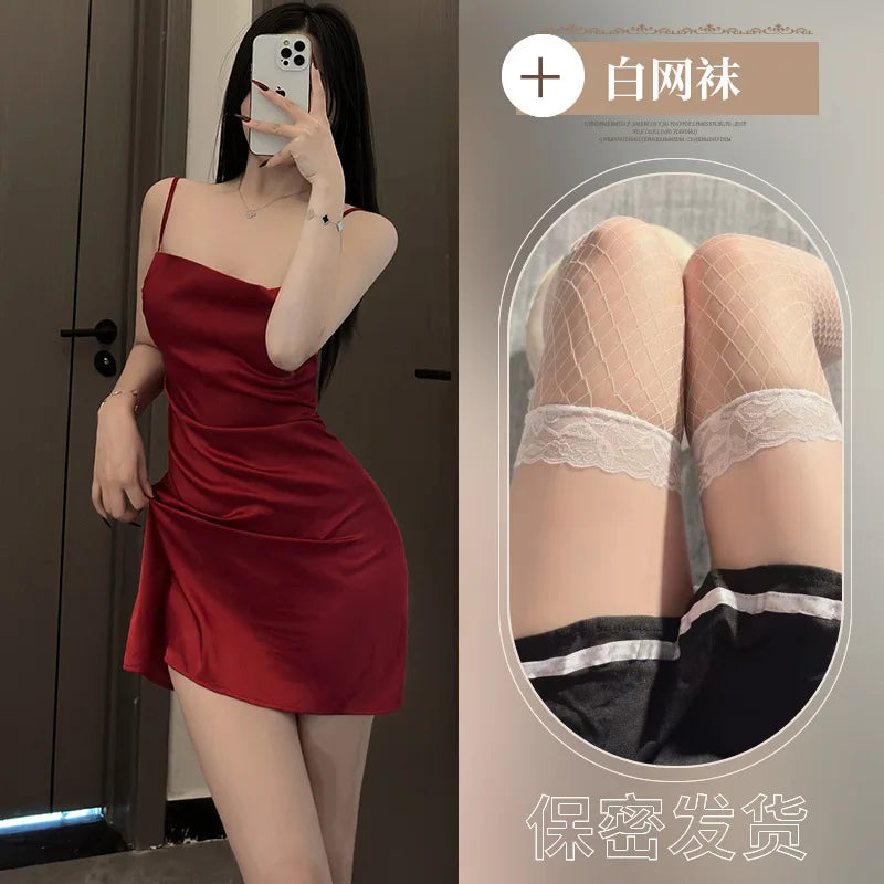 Tiktok sexy lingerie sexy suspender pyjamas silk slip pile collar pajamas dress elegant Solid color versatile Appear thin JGQ4