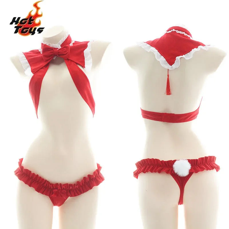 Sexy Red Santa Christmas Lingerie costume Cute hollow out bimini Bownot Underwear Pajamas Christmas Lingerie Cosplay Bra Set